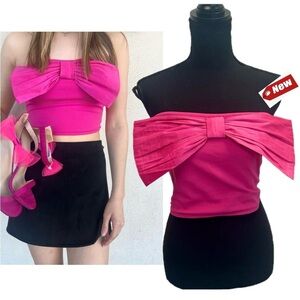 Thirty Thirty LA hot pink front bow strapless bandeau tube crop top Sz L NWT
